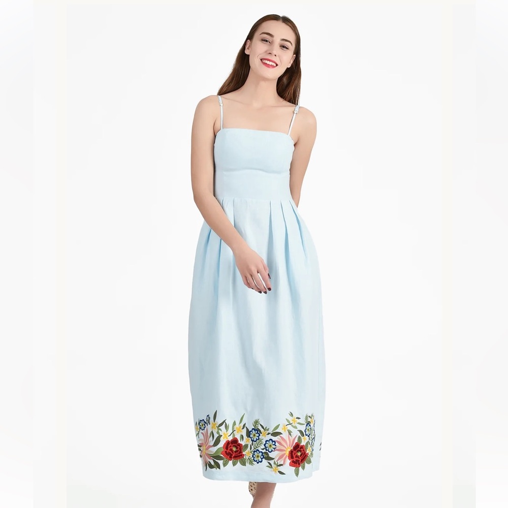 Elegant Light Blue Embroidered Linen Floral Dress